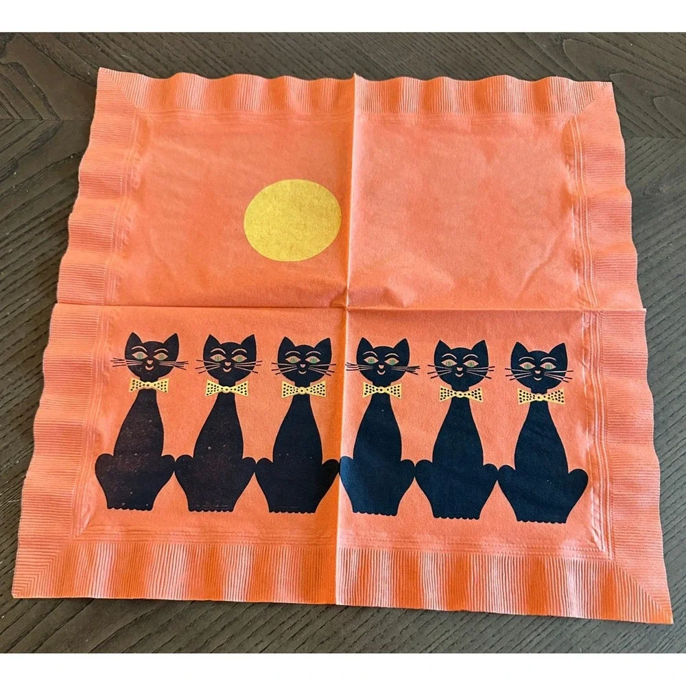 Vintage Halloween Black Cat Paper Napkins Mid Century Modern Retro Orange